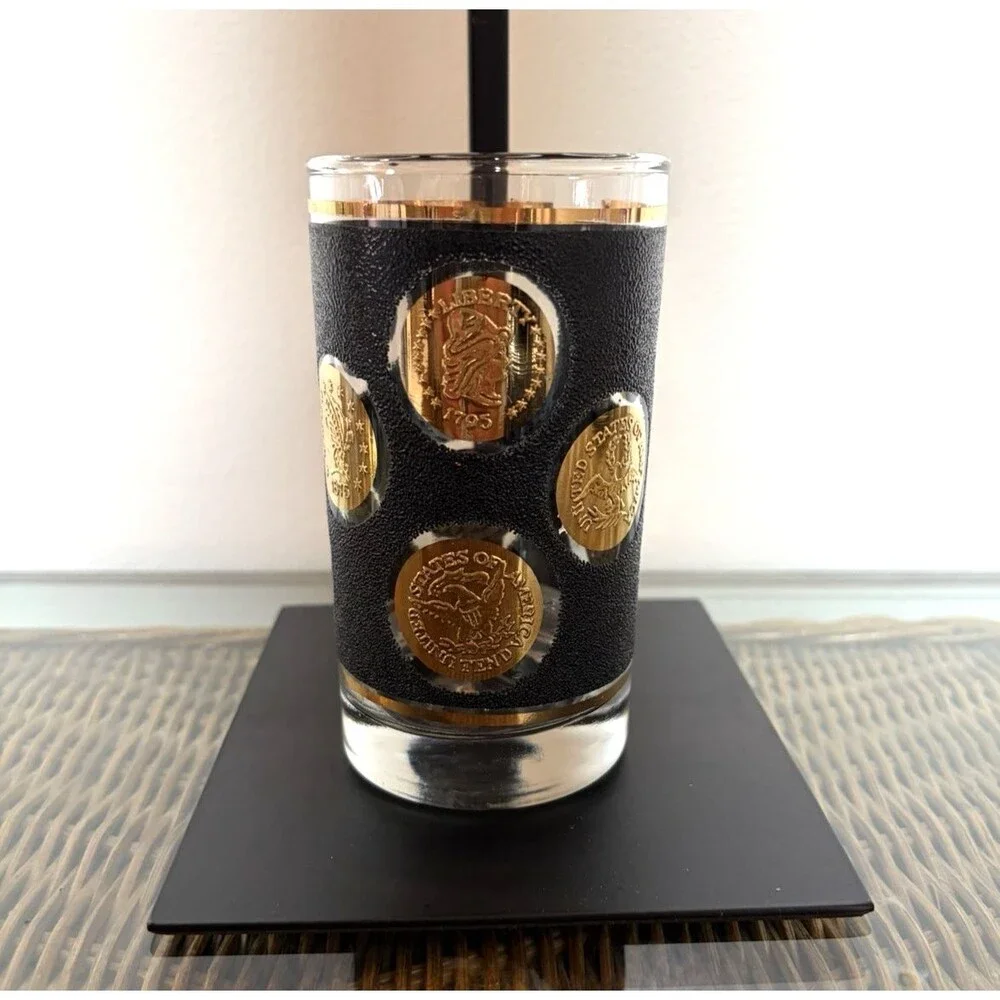 Vintage Libbey Whiskey Clear Glass Black Texture Gold Patriotic Medallions